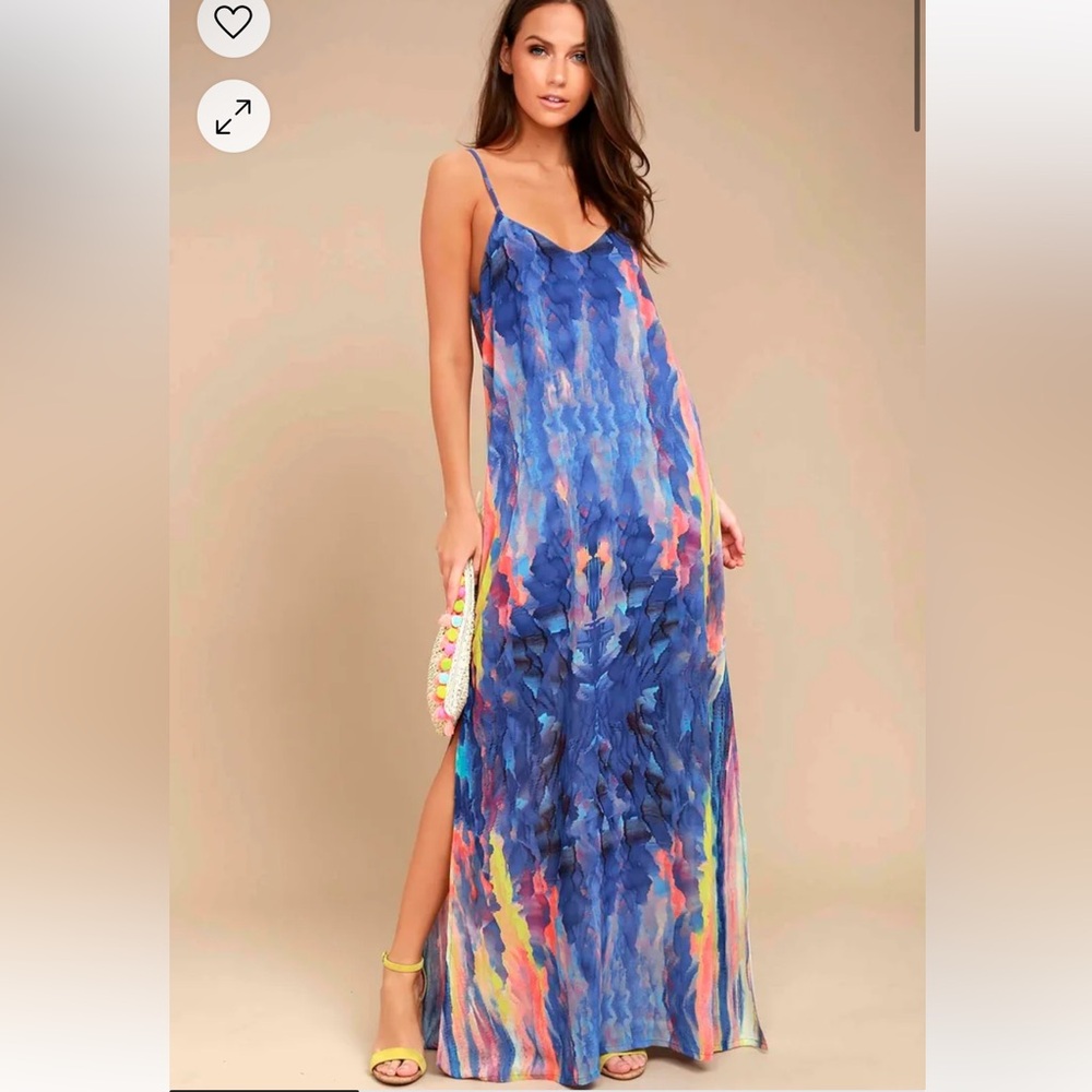 Flying Watercolors Royal Blue Print Maxi Dress